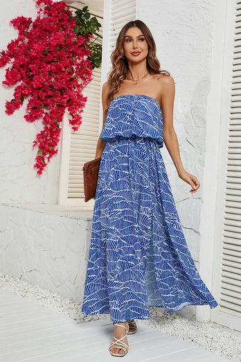 Blaues bedrucktes trägerloses langes Sommerkleid mit Schlitz