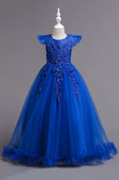 Laden Sie das Bild in den Galerie-Viewer, Tüll U-Boot-Ausschnitt Gelbe Mädchen Kleider mit Applikationen