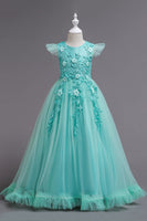 Laden Sie das Bild in den Galerie-Viewer, Tüll U-Boot-Ausschnitt Gelbe Mädchen Kleider mit Applikationen