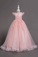 Laden Sie das Bild in den Galerie-Viewer, Tüll U-Boot-Ausschnitt Gelbe Mädchen Kleider mit Applikationen