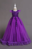 Laden Sie das Bild in den Galerie-Viewer, Tüll U-Boot-Ausschnitt Gelbe Mädchen Kleider mit Applikationen