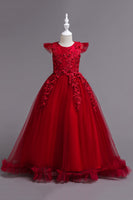 Laden Sie das Bild in den Galerie-Viewer, Tüll U-Boot-Ausschnitt Gelbe Mädchen Kleider mit Applikationen