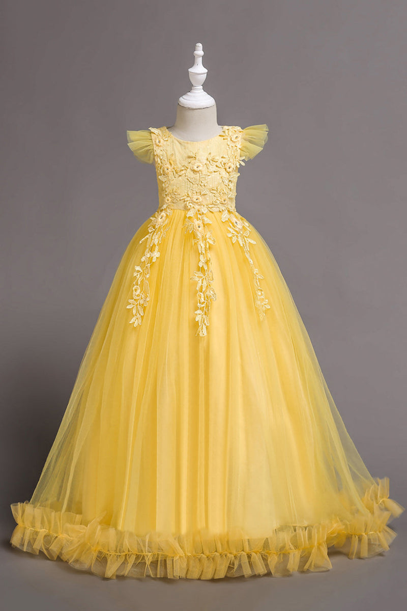 Laden Sie das Bild in den Galerie-Viewer, Tüll U-Boot-Ausschnitt Gelbe Mädchen Kleider mit Applikationen
