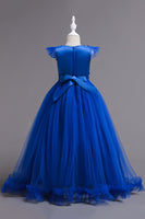 Laden Sie das Bild in den Galerie-Viewer, Tüll U-Boot-Ausschnitt Gelbe Mädchen Kleider mit Applikationen