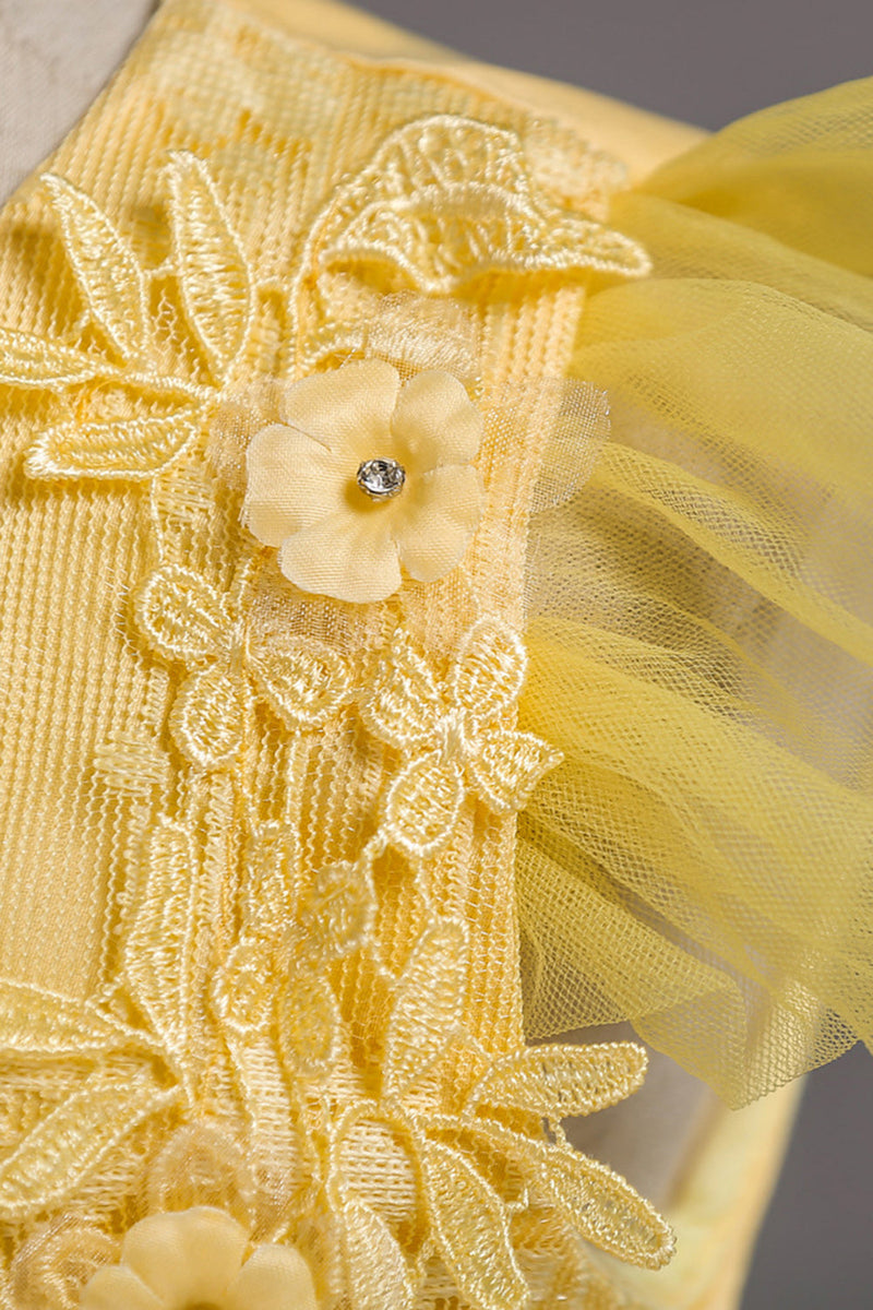 Laden Sie das Bild in den Galerie-Viewer, Tüll U-Boot-Ausschnitt Gelbe Mädchen Kleider mit Applikationen