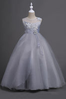 Laden Sie das Bild in den Galerie-Viewer, Tüll A-Linie Rundhalsausschnitt Grüne Mädchen Kleider mit Applikationen