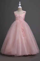 Laden Sie das Bild in den Galerie-Viewer, Tüll A-Linie Rundhalsausschnitt Grüne Mädchen Kleider mit Applikationen