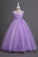 Laden Sie das Bild in den Galerie-Viewer, Tüll A-Linie Rundhalsausschnitt Grüne Mädchen Kleider mit Applikationen