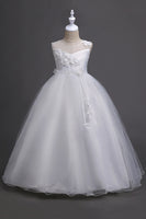 Laden Sie das Bild in den Galerie-Viewer, Tüll A-Linie Rundhalsausschnitt Grüne Mädchen Kleider mit Applikationen