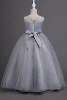 Laden Sie das Bild in den Galerie-Viewer, Tüll A-Linie Rundhalsausschnitt Grüne Mädchen Kleider mit Applikationen