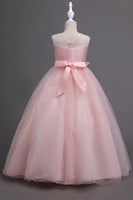 Laden Sie das Bild in den Galerie-Viewer, Tüll A-Linie Rundhalsausschnitt Grüne Mädchen Kleider mit Applikationen