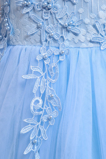 Blaue Mädchenkleider aus Tüll mit Perlen und Applikationen