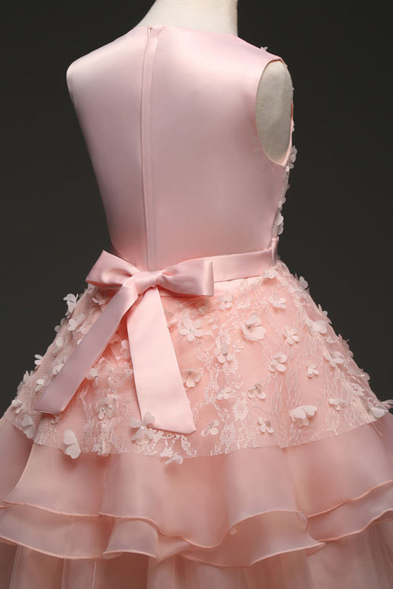 Laden Sie das Bild in den Galerie-Viewer, U-Boot-Ausschnitt ärmellose rosa Mädchen Kleider mit Schleife