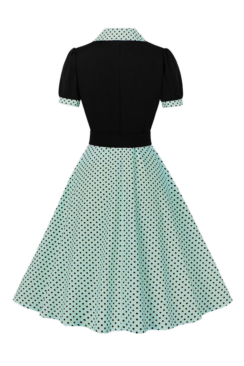 Laden Sie das Bild in den Galerie-Viewer, Grünes kurzärmeliges Polka Dots 1950er Jahre Kleid mit Gürtel