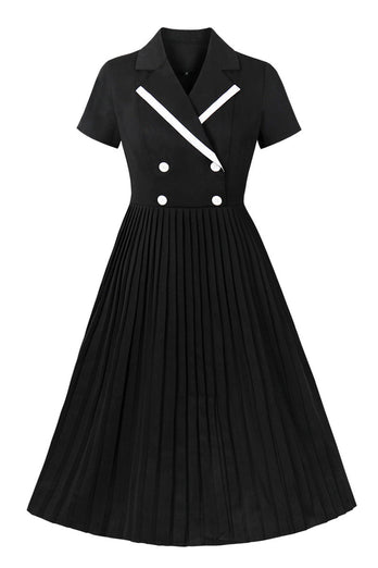 Schwarzes Kleid aus den 1950er Jahren mit V-Ausschnitt und kurzen Ärmeln