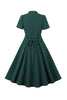 Laden Sie das Bild in den Galerie-Viewer, Grünes Kleid mit tiefem V-Ausschnitt aus den 1950er Jahren und kurzen Ärmeln