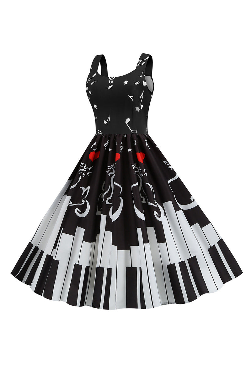 Laden Sie das Bild in den Galerie-Viewer, Schwarzes ärmelloses bedrucktes Kleid aus den 1950er Jahren