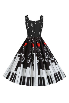 Schwarzes ärmelloses bedrucktes Kleid aus den 1950er Jahren