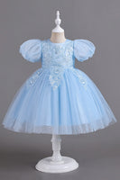 Laden Sie das Bild in den Galerie-Viewer, Blaue Rundhals Puffärmel Mädchen Kleider