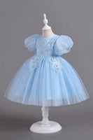 Laden Sie das Bild in den Galerie-Viewer, Blaue Rundhals Puffärmel Mädchen Kleider