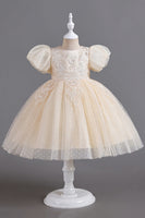 Laden Sie das Bild in den Galerie-Viewer, Blaue Rundhals Puffärmel Mädchen Kleider