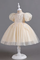 Laden Sie das Bild in den Galerie-Viewer, Blaue Rundhals Puffärmel Mädchen Kleider