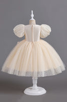 Laden Sie das Bild in den Galerie-Viewer, Blaue Rundhals Puffärmel Mädchen Kleider