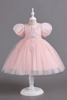 Laden Sie das Bild in den Galerie-Viewer, Blaue Rundhals Puffärmel Mädchen Kleider