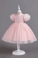 Laden Sie das Bild in den Galerie-Viewer, Blaue Rundhals Puffärmel Mädchen Kleider