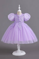 Laden Sie das Bild in den Galerie-Viewer, Blaue Rundhals Puffärmel Mädchen Kleider