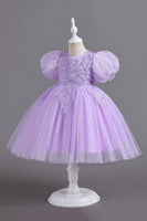 Laden Sie das Bild in den Galerie-Viewer, Blaue Rundhals Puffärmel Mädchen Kleider