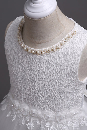 Weiße Rundhals perlen A Linie Mädchen Kleider
