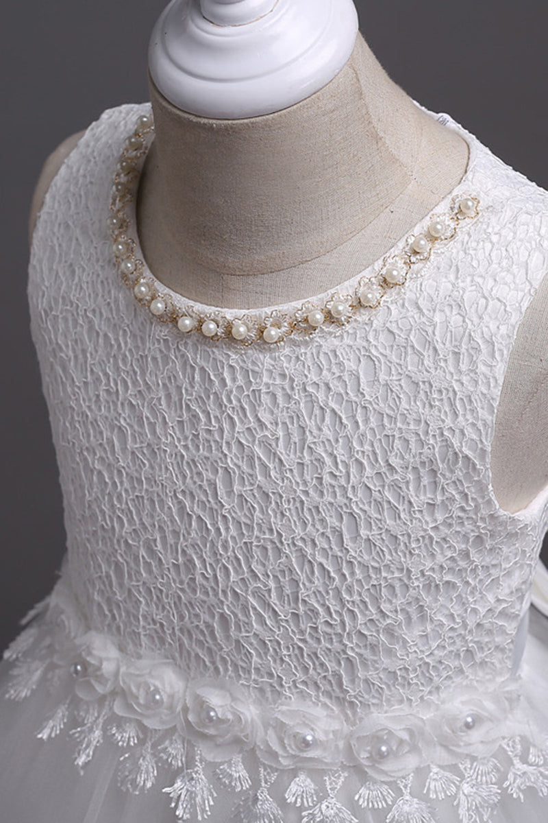 Laden Sie das Bild in den Galerie-Viewer, Weiße Rundhals perlen A Linie Mädchen Kleider
