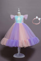 Laden Sie das Bild in den Galerie-Viewer, Lila Flügelärmel Pailletten A Linie Mädchen Party Kleider