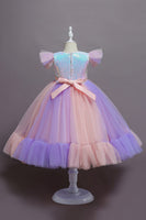 Laden Sie das Bild in den Galerie-Viewer, Lila Flügelärmel Pailletten A Linie Mädchen Party Kleider