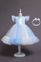 Laden Sie das Bild in den Galerie-Viewer, Lila Flügelärmel Pailletten A Linie Mädchen Party Kleider