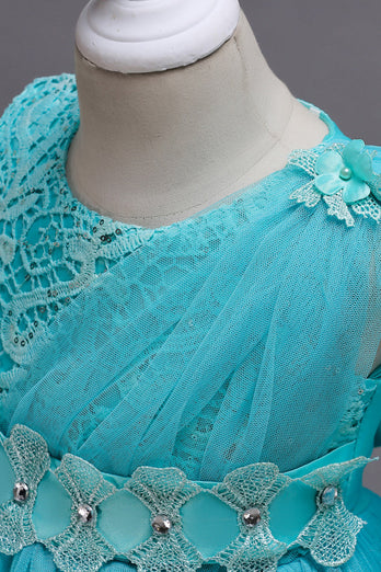 Blaue A-Linie Bowknot Mädchen Partykleider mit 3D-Blumen