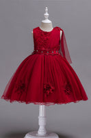 Laden Sie das Bild in den Galerie-Viewer, Blaue A-Linie Bowknot Mädchen Partykleider mit 3D-Blumen