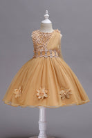 Laden Sie das Bild in den Galerie-Viewer, Blaue A-Linie Bowknot Mädchen Partykleider mit 3D-Blumen