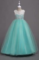 Laden Sie das Bild in den Galerie-Viewer, Lila A-Linie Tüll Mädchen Kleider mit Spitze