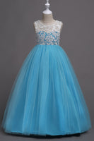 Laden Sie das Bild in den Galerie-Viewer, Lila A-Linie Tüll Mädchen Kleider mit Spitze