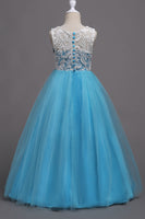 Laden Sie das Bild in den Galerie-Viewer, Lila A-Linie Tüll Mädchen Kleider mit Spitze