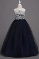 Laden Sie das Bild in den Galerie-Viewer, Lila A-Linie Tüll Mädchen Kleider mit Spitze