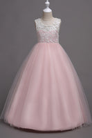 Laden Sie das Bild in den Galerie-Viewer, Lila A-Linie Tüll Mädchen Kleider mit Spitze