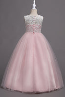 Laden Sie das Bild in den Galerie-Viewer, Lila A-Linie Tüll Mädchen Kleider mit Spitze