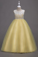 Laden Sie das Bild in den Galerie-Viewer, Lila A-Linie Tüll Mädchen Kleider mit Spitze