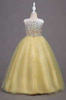 Laden Sie das Bild in den Galerie-Viewer, Lila A-Linie Tüll Mädchen Kleider mit Spitze