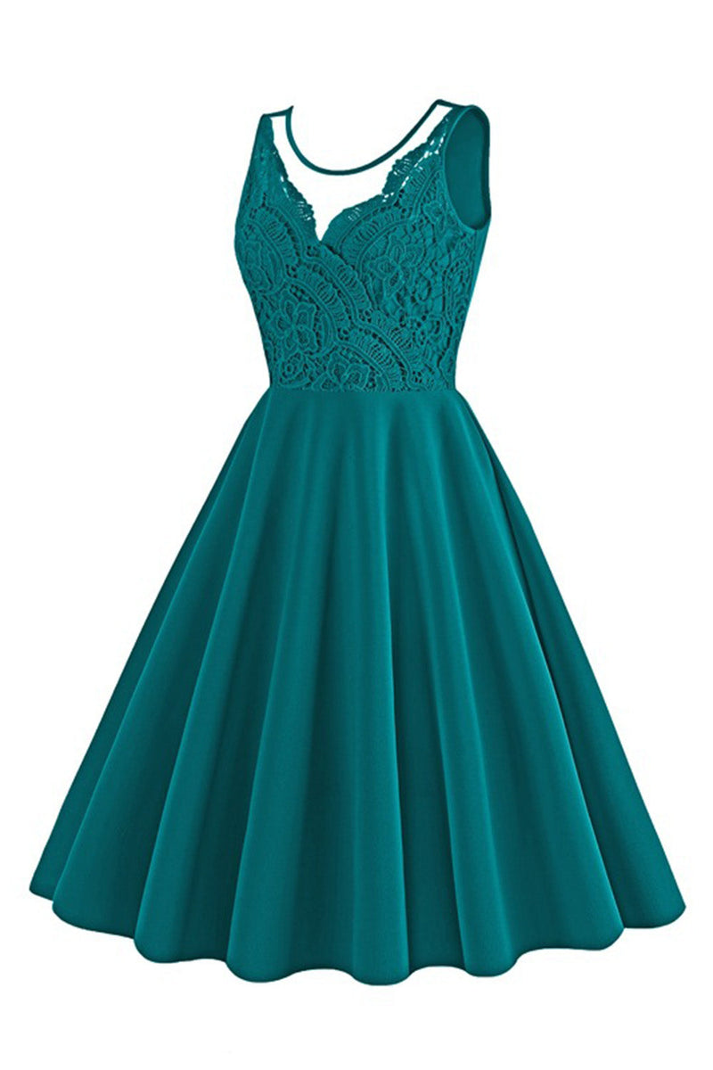 Laden Sie das Bild in den Galerie-Viewer, Seeblaues ärmelloses Kleid mit V-Ausschnitt aus den 1950er Jahren