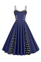 Laden Sie das Bild in den Galerie-Viewer, Hellblaues Polka Dots Spaghettiträger 1950er Jahre Kleid