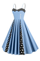 Laden Sie das Bild in den Galerie-Viewer, Hellblaues Polka Dots Spaghettiträger 1950er Jahre Kleid
